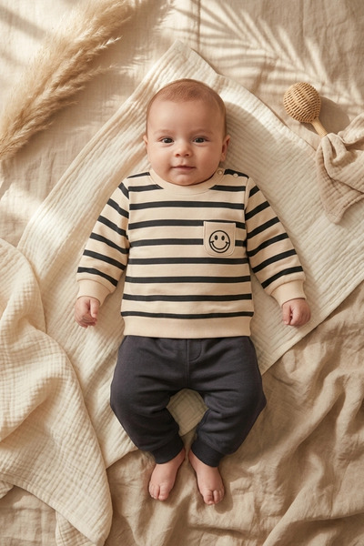 DYZSTAR Baby and Child Striped Smiley Embroidered 100% Cotton 2-Piece Top and...