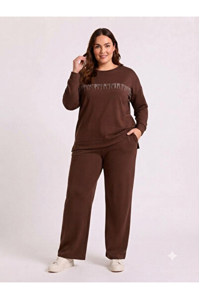 MELEKSEN Plus Size Lycra Modal Fabric Track Suit with Slits and Stone Details