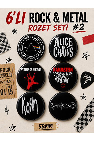 Mashspot 6’lı Rock Metal Rozet Seti #2 – Korn, Alice in Chains, Rammstein, Pi...