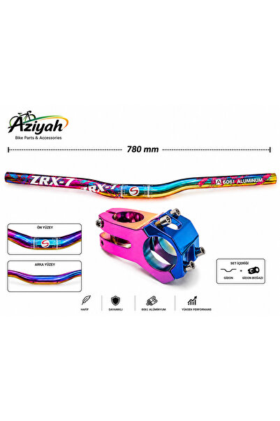 Aziyah ZRX-7 780Mm Rainbow, Çok Renkli Alüminyum Bisiklet Gidonu ve Gidon Boğ...