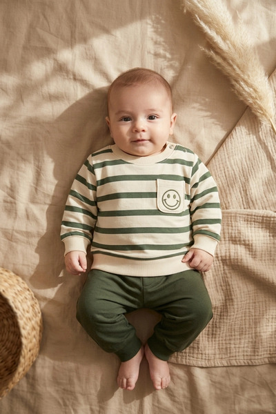 DYZSTAR Baby and Child Striped Smiley Embroidered 100% Cotton 2-Piece Top and...