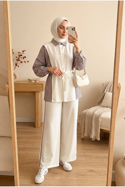 PALME D'OR Women's Seasonal Tunic Trouser Set Striped Belted Wide Leg Hijab T...