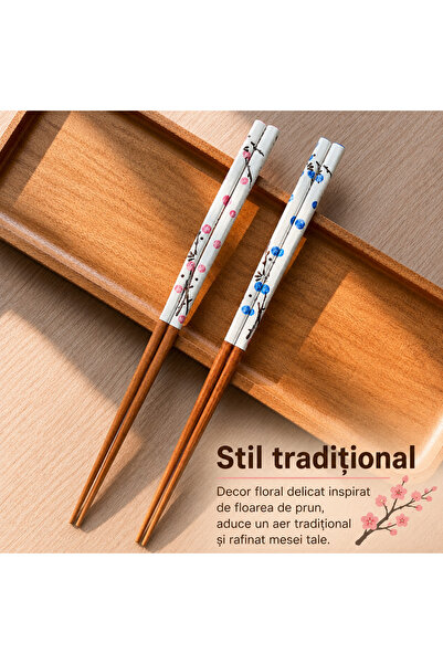 OEM Betisoare traditionale chinezesti, set 2 perechi, lemn de fag, model flori de prun