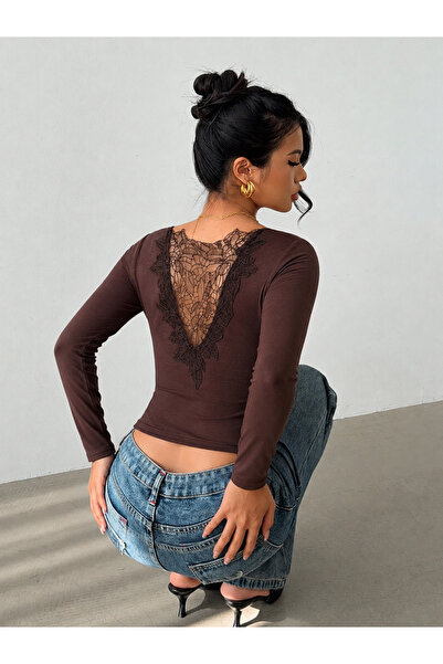 NAVO STUDIO Women's Brown Crew Neck Long Sleeve Button Detailed Slim Fit Blouse