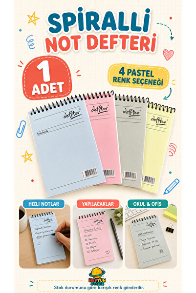 neptünstore Pastel Renkli Spiralli Not Defteri – 1 Adet, Karışık Renk Gönderim
