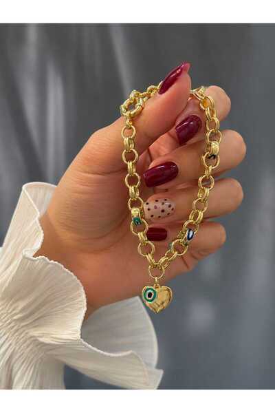 Nazarlı Kalp Charmlı Kadın Gold Bileklik , VIP Premium Seri 18cm Ayarlanabilir