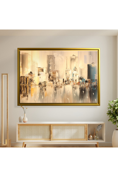 AHSENİCO KANVAS TABLO Yansıyan Şehir – Soyut Kentsel Siluet-Gold Çerçeveli Ka...