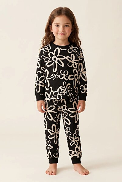 ZUZUNGA Girls' Black and White Large Daisy Patterned Long Sleeve Pajama Set