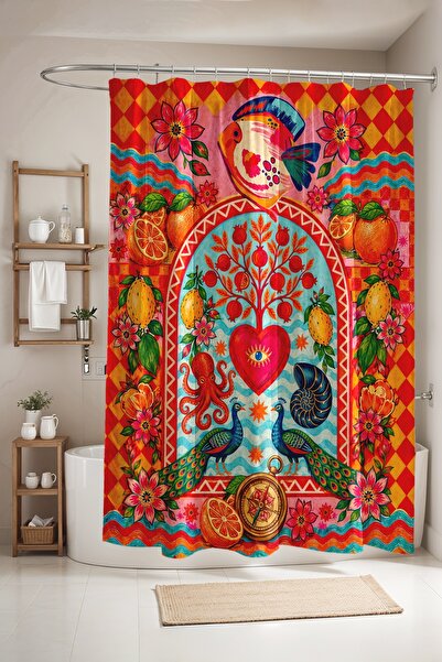 EVPANYA Red Seafood Patterned Shower Curtain, Bathtub Curtain 175X200Cm