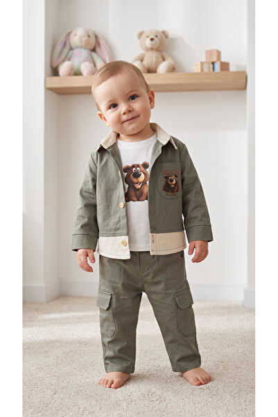 Asila Baby Teddy Bear Printed Stretch Fabric Bodysuit, Buttoned Gabardine Jac...