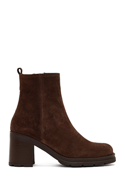 Derimod Women's Brown Zippered Thick Heeled Suede Leather Boots Wf190030Ds
