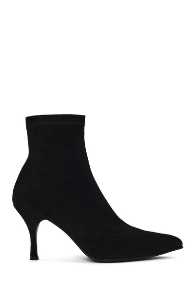 Derimod Women's Black Zippered Thin Heeled Suede Leather Boots Af220001Ds