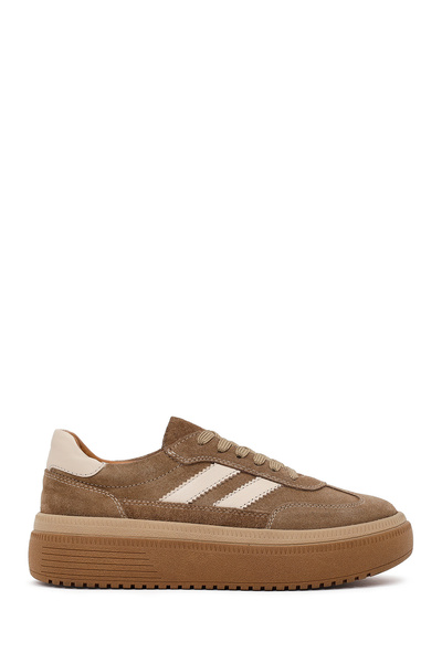 Derimod Women's Tan Lace-Up Thick Soled Suede Leather Sneaker Af450008Ds