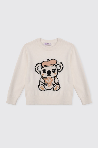 Panço Baby Girl Dog-Themed Knitwear Ecru Sweater