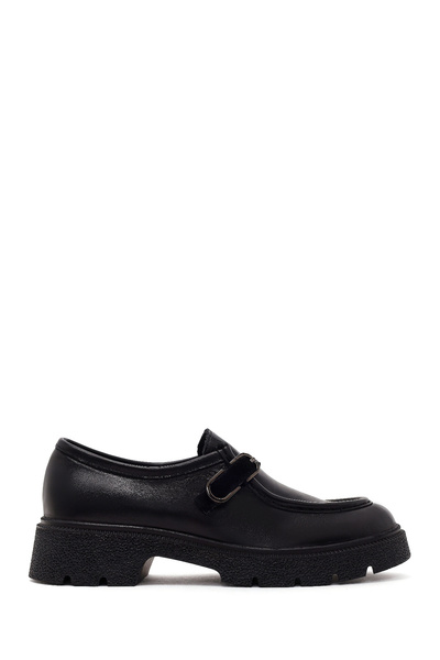 Derimod Women's Black Buckle Thick Soled Leather Masculine Loafer Af200016Dv