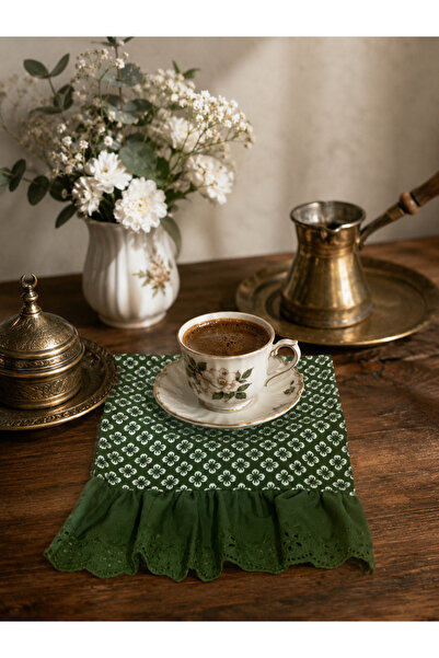 NURGİTA HOME Fistolu Ucu Fırfırlı Duck Keten Çiçekli Vintage Kahve Sunum Peçe...