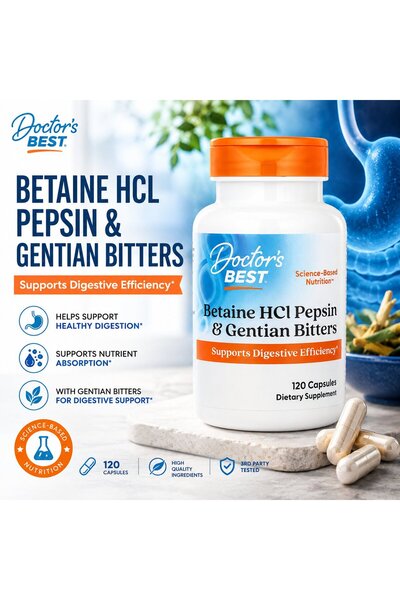 Doctor's Best Betaine Pepsin Gentian Bitters Gut Digestive Support 120 Capsules