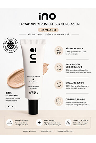 inobeauty Broad Spectrum SPF 50+ 02 MEDİUM 50ml - cilt bariyerini güçlendiric...
