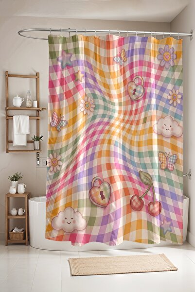 EVPANYA Color Transitioning Checkered Icons Patterned Shower Curtain, Bathtub...