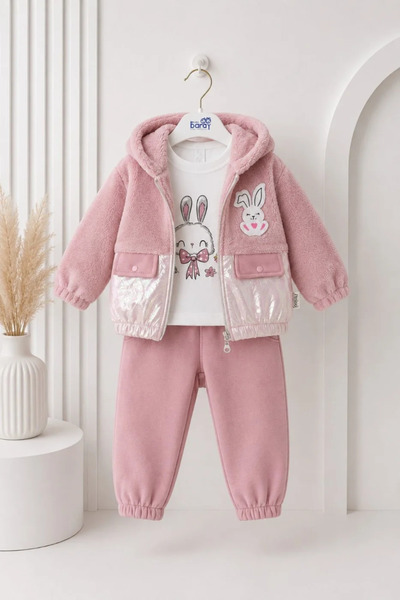 Tuğra Bebe Plush Hooded, Shiny Detailed, Rabbit Patterned 3-Piece Set for Girls