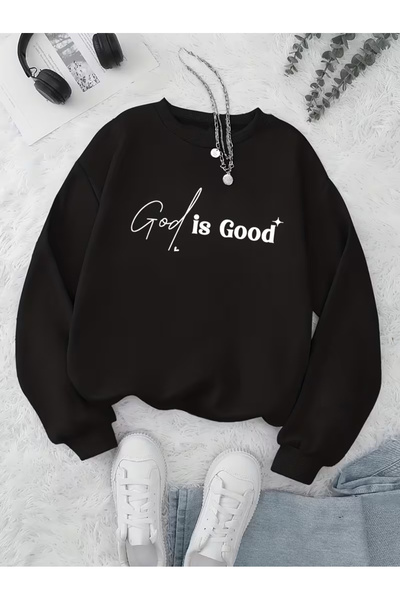 Trend Sizde Hanorac unisex cu imprimeu „God Is Good” și guler tip crewneck