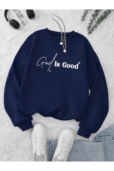 Trend Sizde Hanorac unisex cu imprimeu „God Is Good” și guler tip crewneck