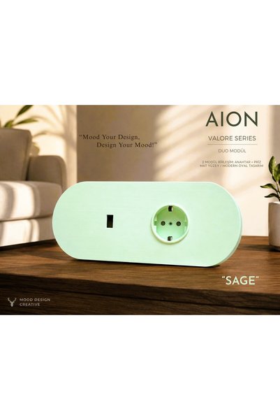 MoodDesign AION Collection-VALORE Series DUO MODÜL (SAGE)/(2MODÜL BİRLEŞİMİ=(1ANAHTAR+1PRİZ) Oval Mat Tasarım Priz-Anahtar COVER/Premium Soft Renkler Serisi(MİNT YEŞİLİ)