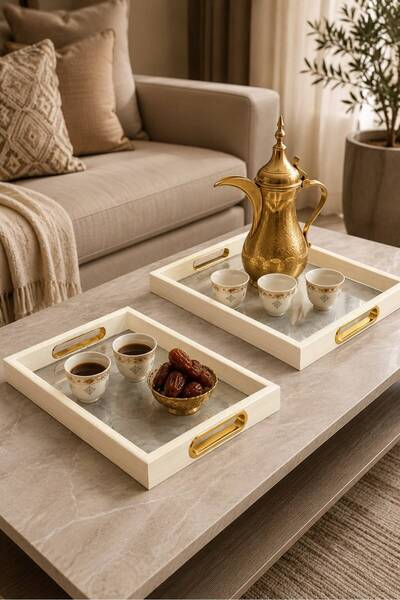 Generic 2-Piece Wooden Tray Set in White with Gold Metal Handles and Decorati...