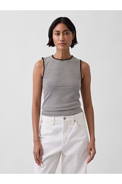 GAP Kadın Beyaz Gingham Pointelle Shell Kolsuz Bluz