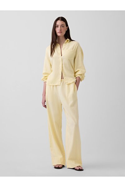 GAP Kadın Sarı Keten Karışımlı Easy Wide-Leg Pantolon