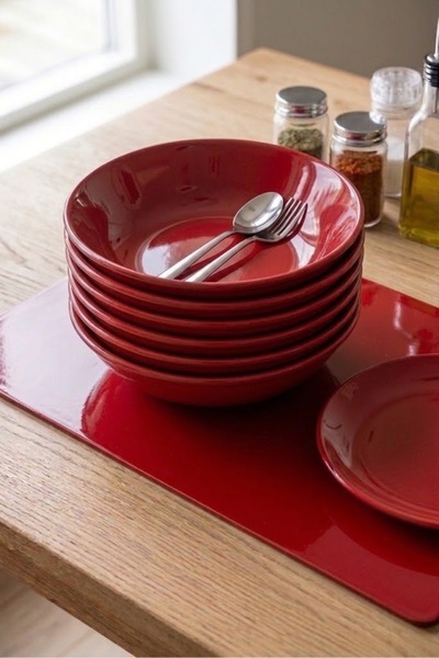 BİODATA 6 Pieces 23 cm Red Bowl Unbreakable Melamine Large Salad Bowl Present...