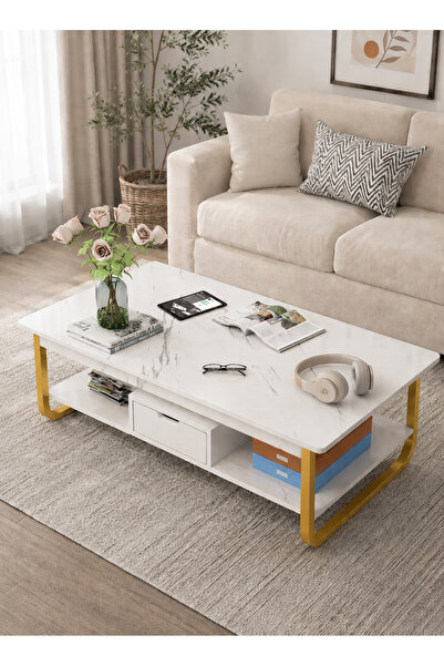 Sheinhome Coffee Table Faux Marbl, Double Layer Living Room Tables with Stora...