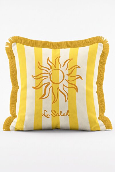 IdeCraft Sarı Beyaz Çizgili Le Soleil Güneş Motifli Saçaklı Kırlent Kılıfı