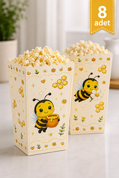 Baloncu Nene Arı Temalı Mısır Kutusu 8’li Set 8x11 cm Doğum Günü Popcorn Kutu...
