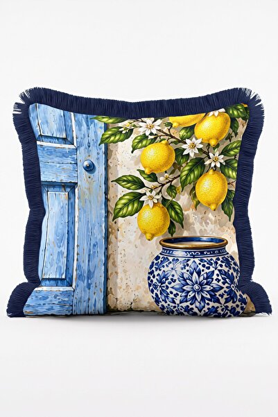 IdeCraft Mediterranean Blue Wooden Door Lemon and Vase Patterned Fringed Thro...