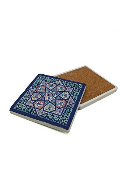 Sadrazam Anatolian Seljuk Tile Motif Printed Natural Stone Coaster 10X10 Kd-69