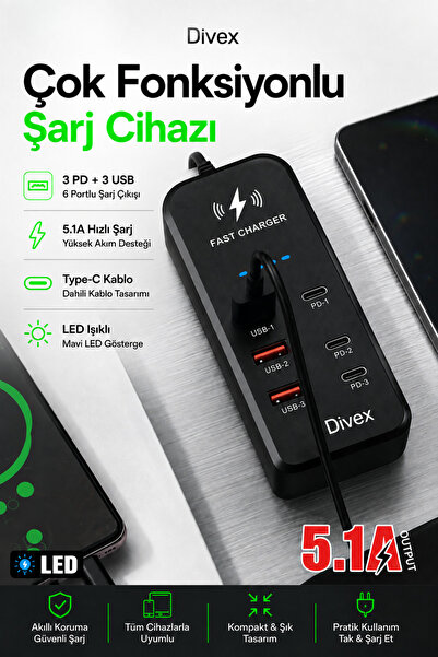 Divex 6 Port Çoklu Hızlı Şarj Cihazı – 3 USB + 3 Type-C PD, 5.1A Masaüstü Şar...