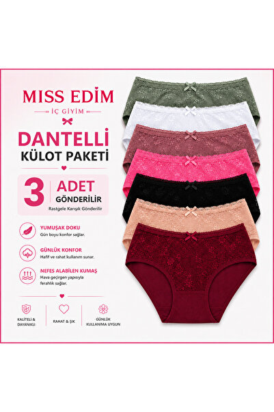 MİSS EDİM Önü Dantel Detaylı Külot 3'lü Paket – Karışık Renk