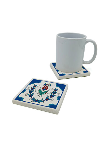 Sadrazam Ottoman Iznik Tile Pattern Printed Natural Stone Coaster 10X10 Kd-36