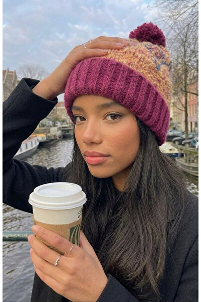 LAGRANZE Earthline Ethnic Patterned Pompom Soft Textured Knitted Beanie 2791