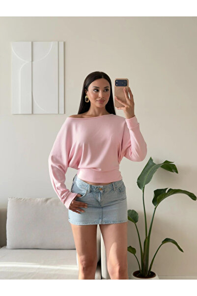 Zoom Butik Kayık Yaka Yarasa Kol Bluz - PEMBE