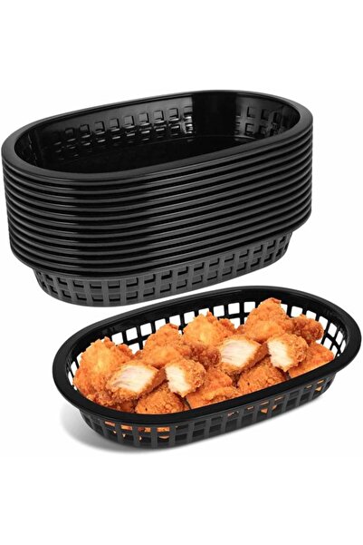 Morvena Picks Set de 12 coșuri ovale negre din plastic reutilizabil (23 cm) p...
