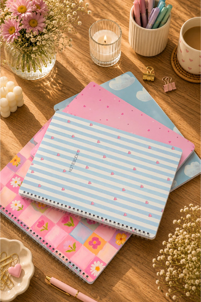 DİVAL A4 Spiral Cardboard Cover Set of 4 Checkered Lesson Plan Note School Notebook - Blue Pink