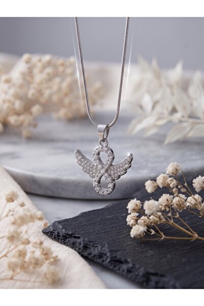 The Klōi Silver Color Steel Necklace with Angel Wings Infinity Figure and Zir...