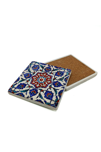 Sadrazam Ottoman Iznik Tile Pattern Printed Natural Stone Coaster 10X10 1G-Çini8