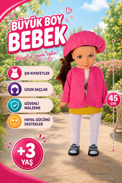 hak-iş oyuncak 45 cm Büyük Boy Et Bebek | Uzun Saçlı Şık Kıyafetli Oyuncak Bebek | 3 Yaş ve Üzeri