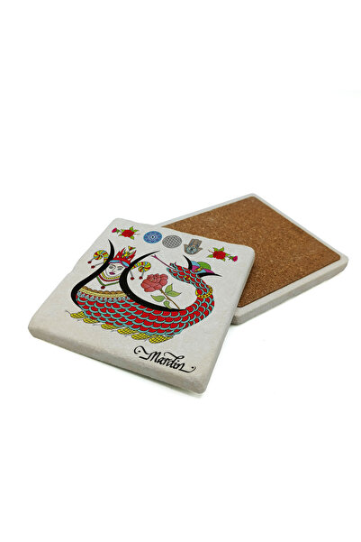Sadrazam Mardin Şahmeran and Motifs Printed Natural Stone Coaster 10X10 1G-Ş2M