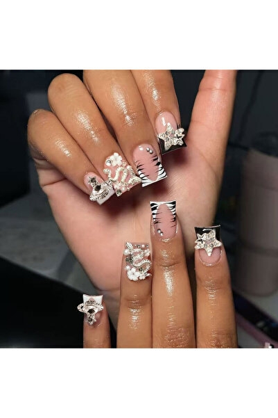 Choice 4468 24pcs Long ducknail black French Tip Press On Nails 3D alloy cros...