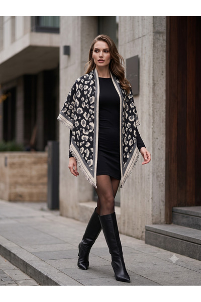 Luminos Butik Women's Black Leopard Patterned Triangle Shawl Sal1315