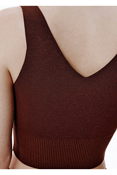 Knitss Yüksek Rip Bel Kahverengi Crop Triko Üst